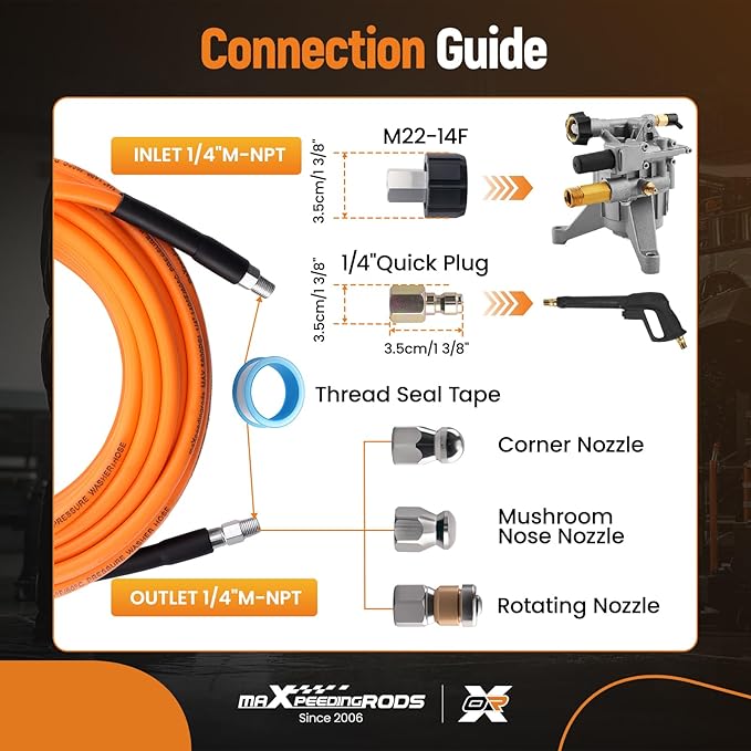 maXpeedingrods Sewer Jetter Kit for Pressure Washer 50FT, 5800PSI Drain Cleaner Hose 1/4 Inch NPT Corner, Rotating and Button Nose Sewer Jetting Nozzles with Spanner Waterproof Tape Pearl Corsage Pin