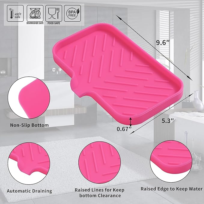 MicoYang Silicone Soap Dish with Drain Spout — Self-Draining Sink Organizer Tray for Bathroom & Kitchen, Sponges, Dispensers & Soap Holder, Non-Slip & Dishwasher Safe, Rose (Medium, 9.6"×5.3")