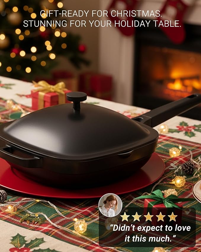 USELUCK 10.5 Inch(3.8QT) Ceramic Pan with Lid,Non Stick Frying Pans Cast Aluminum Deep Sauté Pans,Ti-Ceramic Non Toxic Pix Pan with Wooden Spatula and Scrubber-Midnight Hearth