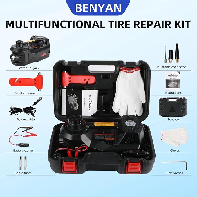 Electric Jack BENYAN 5 Ton Car Floor Jack Kit with Inflator Pump | 12V Portable Car Hydraulic Jack with LED Light for SUV MPV Sedan | Lifting Height Range 6 to 17.7 Inch Black