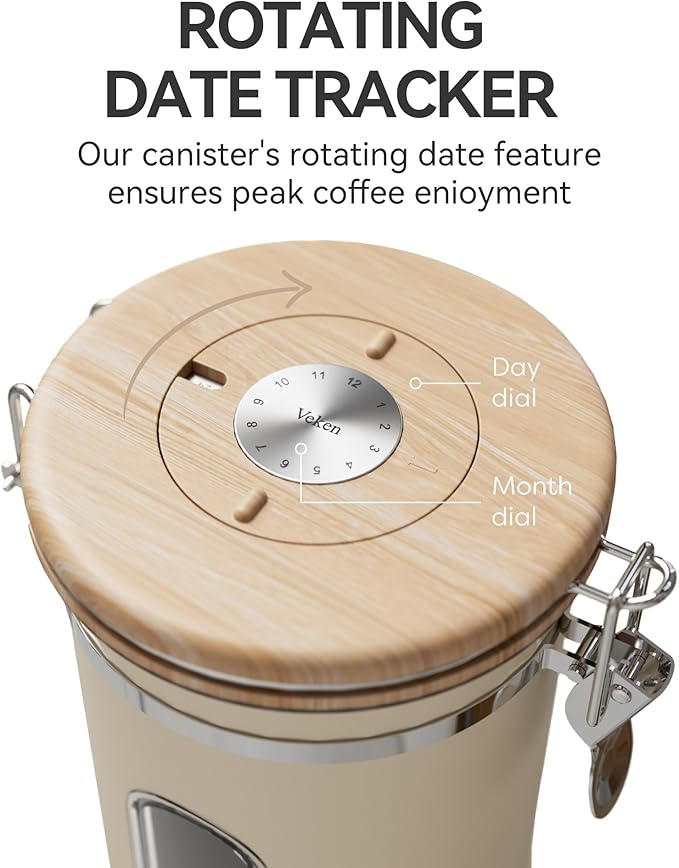 Veken Coffee Sugar Canister with Window, Mothers Day Gifts For Women,Airtight Stainless Steel Kitchen Food Storage Container, Date Tracker & Scoop for Grounds Coffee, Beans,Tea,Flour,Cereal,22OZ,Cream