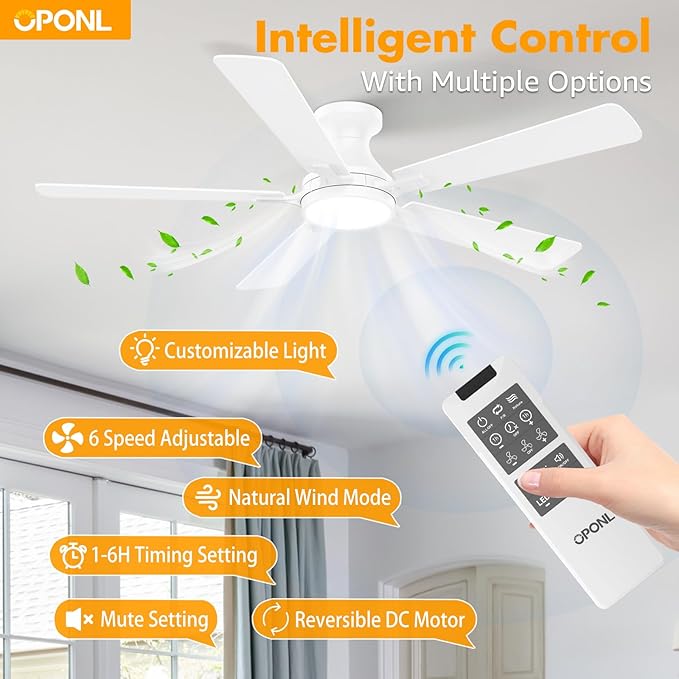 OPONL 52 Inch White Ceiling Fan with Light, Remote Control, Low Profile, Noiseless, Reversible, Dimmable, Timeable, Metal Housing, Flush Mount Ceiling Fans with Lights for Bedroom, Indoor/Outdoor Use