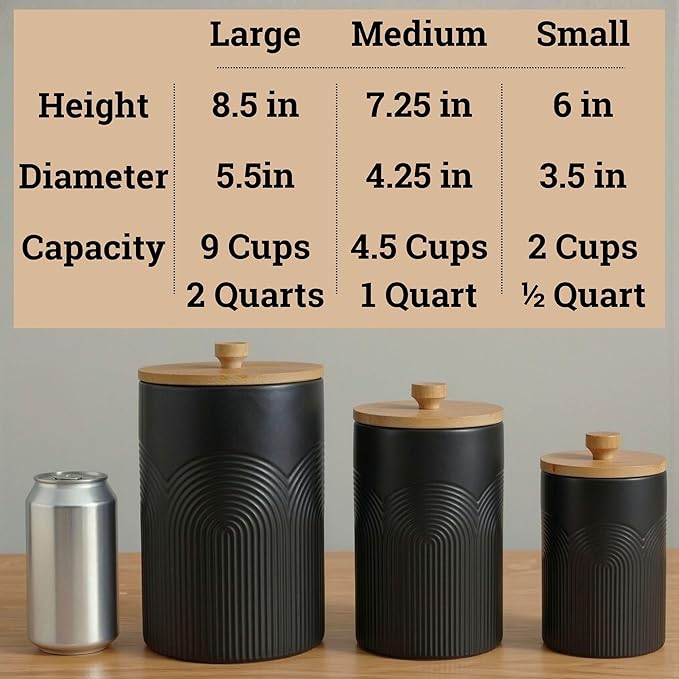 Ceramic Kitchen Canisters for Countertop Set of 3 with Airtight Bamboo Lids - Black Kitchen Canisters with Airtight Lids - Flour Sugar Canister Set - Flour and Sugar Containers Farmhouse - Coffee Jar
