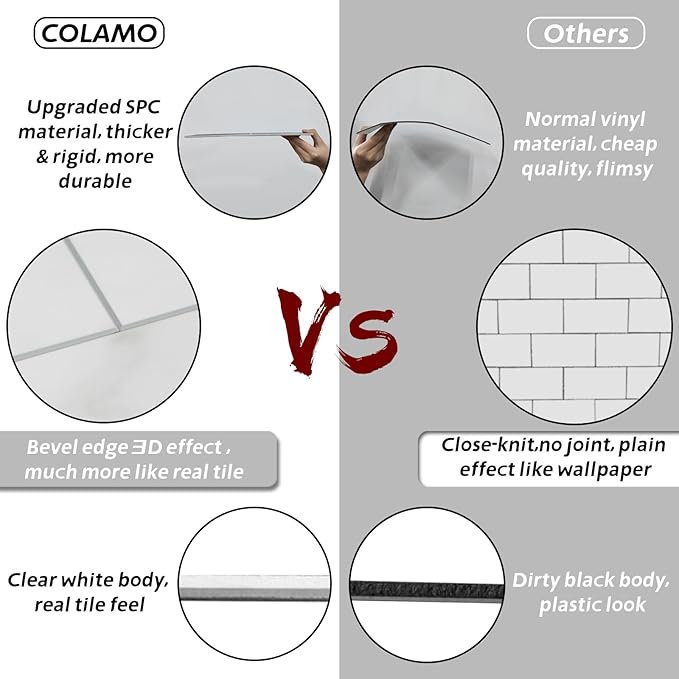 Colamo Luxury 10-Sheet Peel and Stick Backsplash,Self Adhesive Faux Stone 12”x12” White Subway Tile for Kitchen,Glossy Waterproof Carrara Brick Marble Look,Stick on Accent Wall for Bathroom,Bedroom
