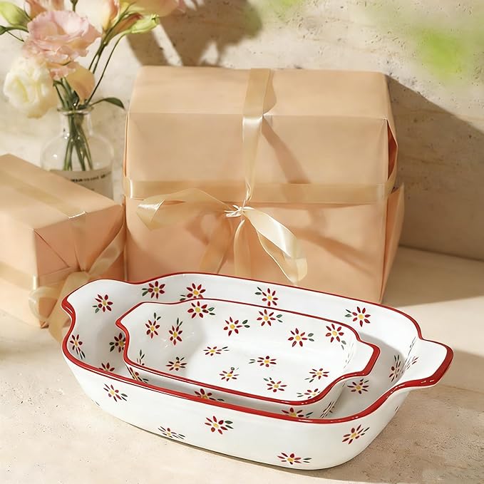 Domini Casserole Dishes for Oven, Ceramic Baking Dishes for Oven Set of 2, Lasagna Pan Deep, Fresh Spring Summer Floral Ceramic Baking Pan Set Square Casserole Dish Set with Handles for Baking, Pattern Flower(13.6+9inch)
