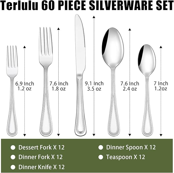 Terlulu 60-Piece Silverware Set for 12, Stainless Steel Flatware, Mirror Polished Cutlery Set, Utensils Include Spoons, Forks, Knives for Home, Restaurant, Beaded Handle, Dishwasher Safe