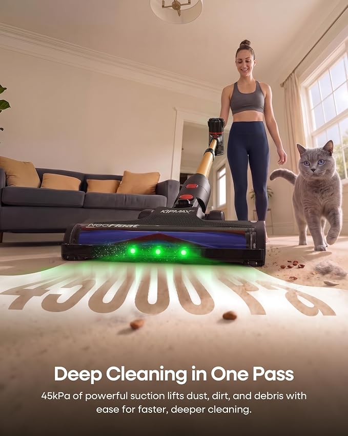 KIPMAX Cordless Vacuum Cleaners for Home, 45KPa 450W Stick Vacuum with Up to 55 Mins Runtime, Lightweight Self-Standing Vacuum for Pet Hair, Hardwood Floors & Carpet, Anti-Tangle Brush, HEPA Filter