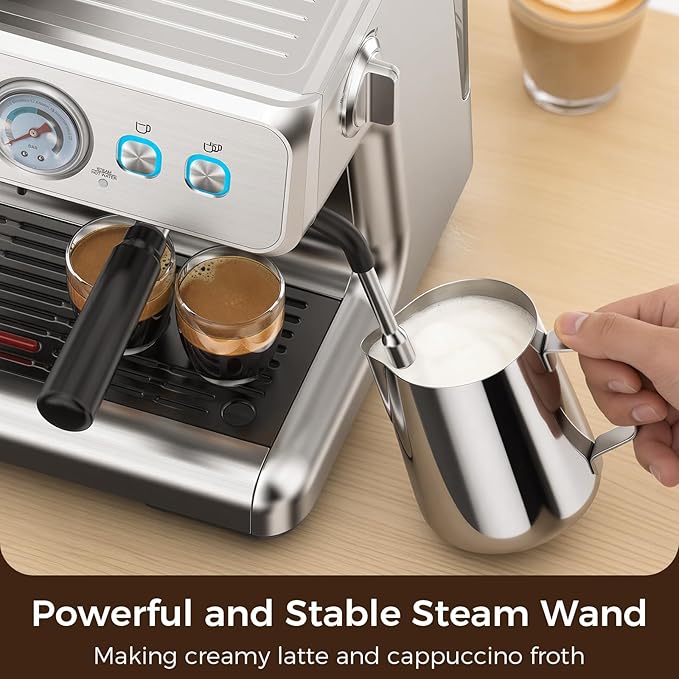 Espresso Machine with Grinder, 20 Bar Expresso Coffee Machines, Professional Coffee Maker for Latte & Cappuccino with Milk Frother, Expresso Machines for Home, Removable Water Tank, Steam Wand-Silver