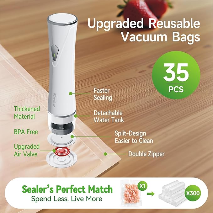 Handheld Vacuum Sealer, Premium Vacuum Sealer for Food + 35 Reusable Sous Vide Bags, Powerful Vacuum Food Sealer for Kitchen, Home, BBQ, Travel, Gifts, Seal Food 6X Fresh Longer
