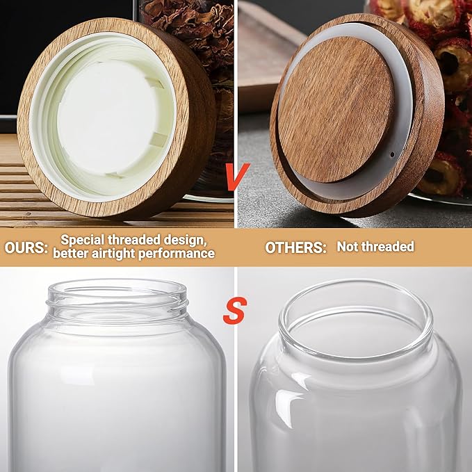 50 Fl oz/1500 ml Clear Glass Jar with Airtight Wooden Screw on Lid, Glass Pantry Canister for 500g Coffee Beans, Kitchen Food Storage Containers for Rice,Flour,Pasta,Sugar,Honey,Tea, Spice,Cereal