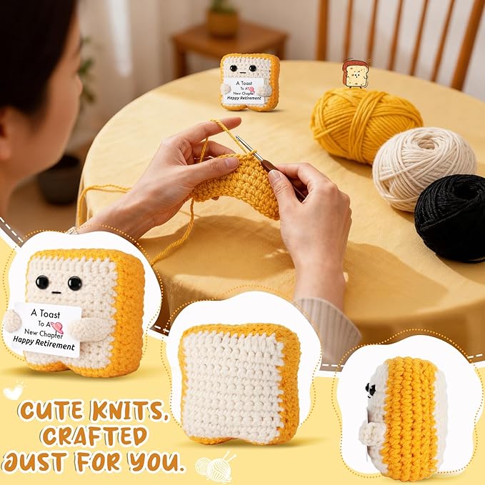 Crochet Toast Retirement Plush – Handmade “A Toast to a New Chapter” Card – Unique Retirement Gift for Coworker, Boss, Teacher, Mom, Dad – Funny Retired Present Desk Decor Keepsake
