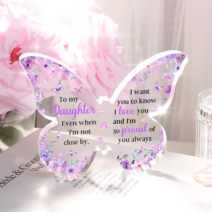 Mothers Day Gift for Daughter from Mom Dad, Unique Purple Butterfly Acrylic Plaque Desk Decor, Mothers Day Valentines Christmas Birthday Graduation Gifts for Daughter Adult, 5 x 3.8 x 0.5 inches