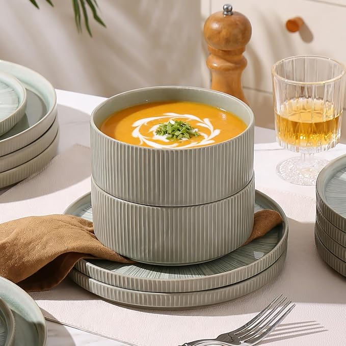 Dinnerware Sets for 4, Ceramic Plates and Bowls Set 12 Piece Dinnerware Chip Resistant Stoneware with Advanced Inkjet Printing Technology, Dishwasher and Microwave Safe-Sage Green