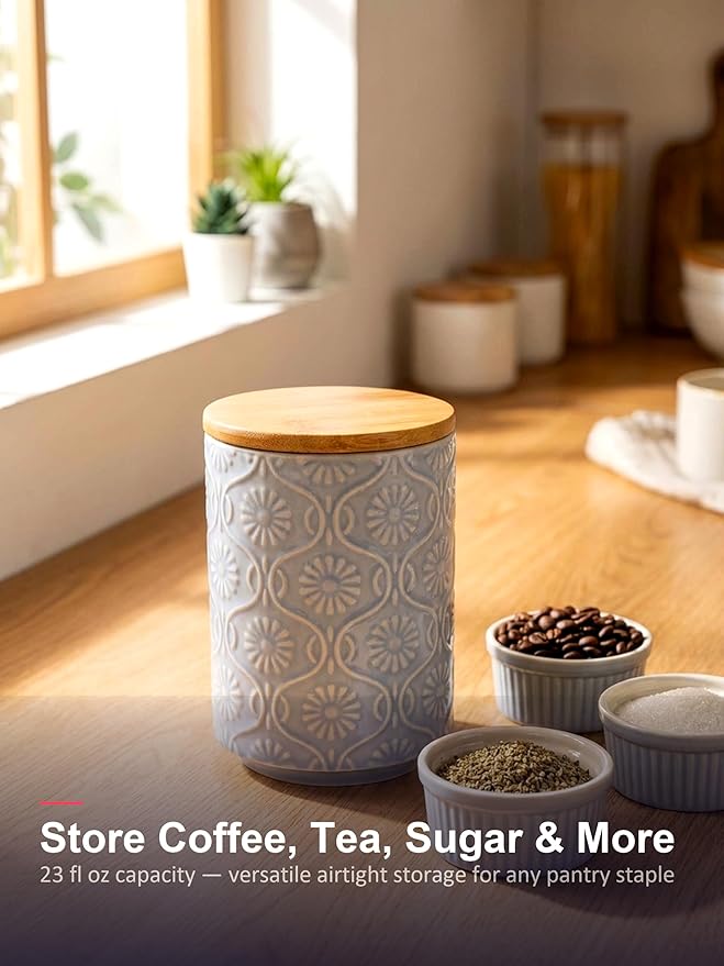 TEATALK Ceramic Jar with Bamboo Lid, Airtight Seal for Coffee, Tea, Sugar, 23 Fl Oz, Light Blue