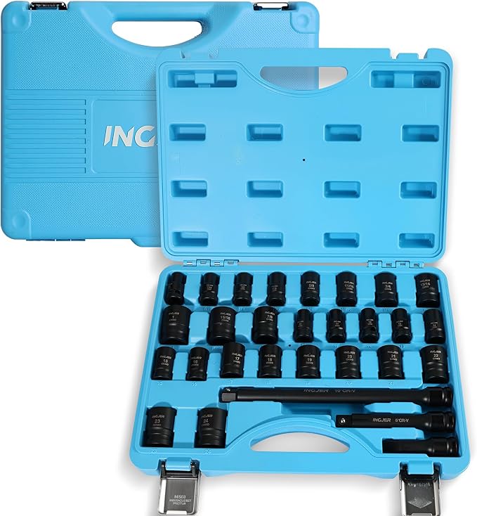 1/2 Impact Socket Set, 29PCS Shallow, SAE (3/8 to 1 inch) and Metric (10-24mm) Sizes with Extension Bars Standard Shallow Socket Set CR-MO Material High Torque Truck Bearing Locknut