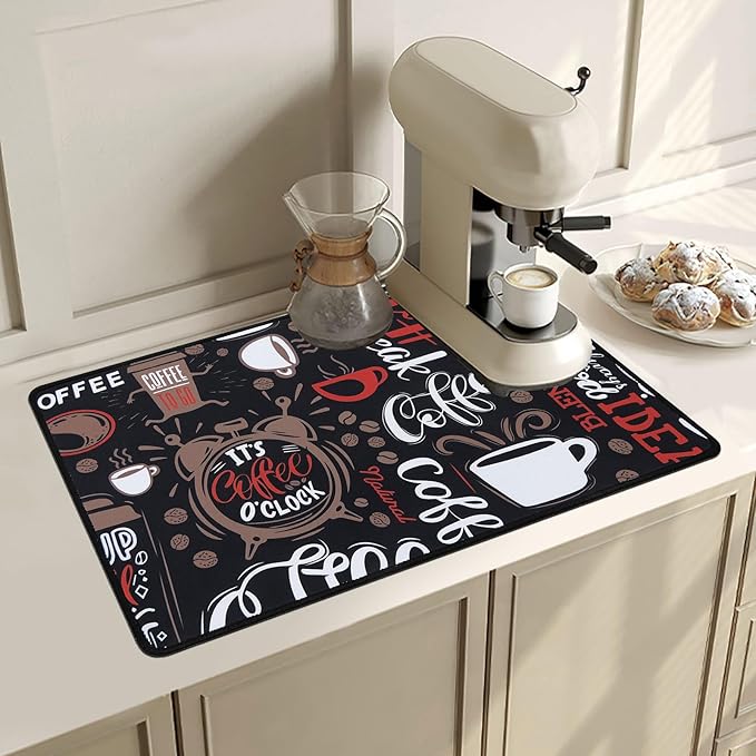 SHACOS Coffee Bar Mats 2-pack, 12x19 Inch Absorbent Non-Slip Rubber, Waterproof & Heat Resistant, Black
