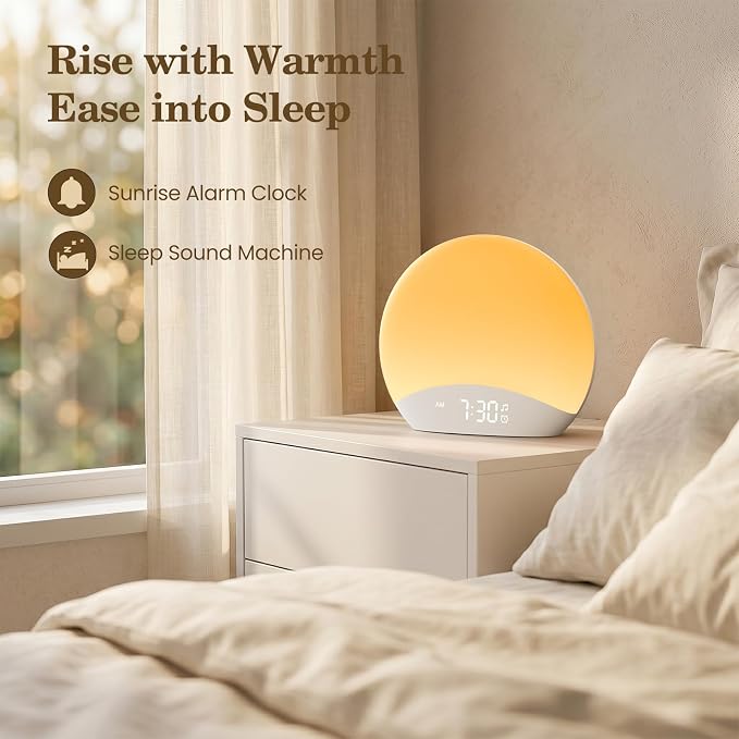 REACHER Sound Machine Sunrise Alarm Clock with Night Light, 26 Nature Inspired Sleep Sounds, 0-100% Dimmable Clock, Sunrise Lamp, Wake Up Light, Brown/Pink/White Noise Machine for Babys, Adults, Kids