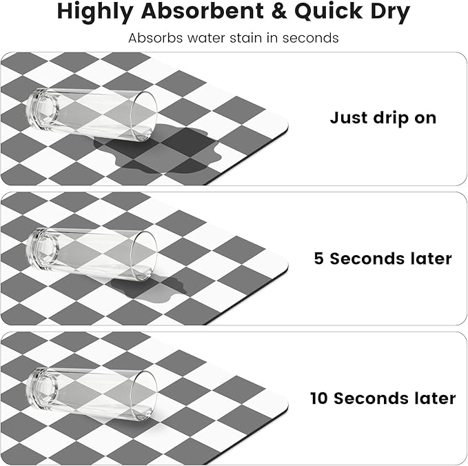 12" x 20" Checkered Dish Drying Mat for Kitchen Counter, Absorbent Coffee Bar Mat for Espresso Machine Coffee Countertops Accessories, Grey