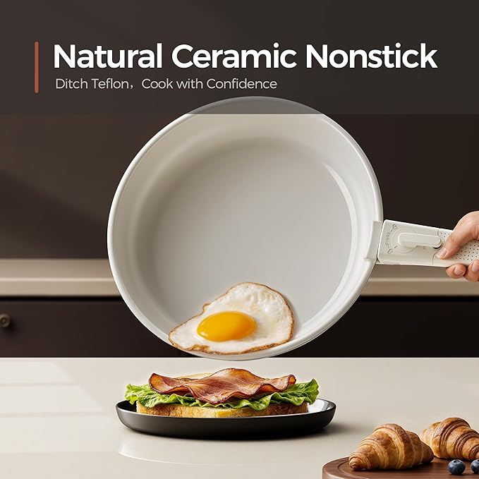 16pcs Nonstick Cookware Set, Diamond-Titanium Ceramic Coating & 3 Layer Stainless Steel Pots and Pans Set with Detachable Handle, Dishwasher Safe, Induction Compatible, Oven Safe, White