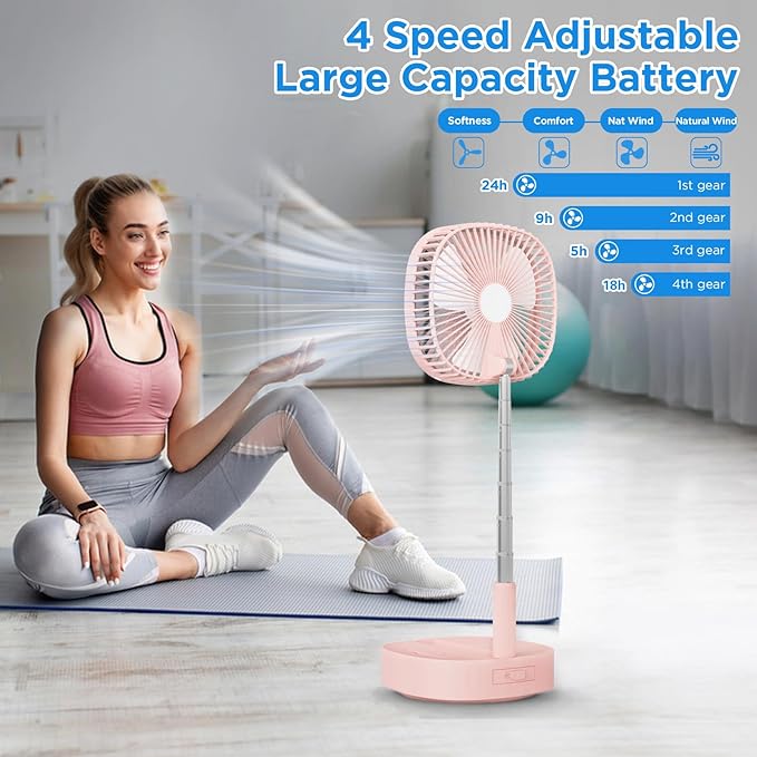 Magesh Portable Oscillating Pedestal Fan＆Remote, 120° Rotation, 3-In-1 Foldaway/Standing/Desk Fan, Anti-Slip 7200Mah Rechargeable, Telescopic 4 Speed Quiet Timer Fan Home Outdoor Travel (Pink)