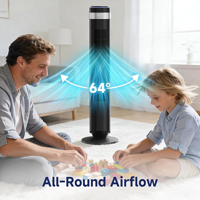 OLIXIS Tower Fan for Bedroom, Floor Standing Fan with Remote, 12H Timer, 5 Speeds, 4 Modes, LED Display, Portable Bladeless Oscillating Cooling Fan for Indoor, Home, Office