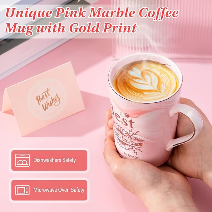 Mother in Law Birthday Gifts, Best Mother In Law Ever Mug, 14oz Pink Marble Mom Mug with Gold Print, Mom Gifts from Daughter-In-Law or Son-In-Law, Wedding Valentine Coffee Cup Present, Nice Gift Boxed