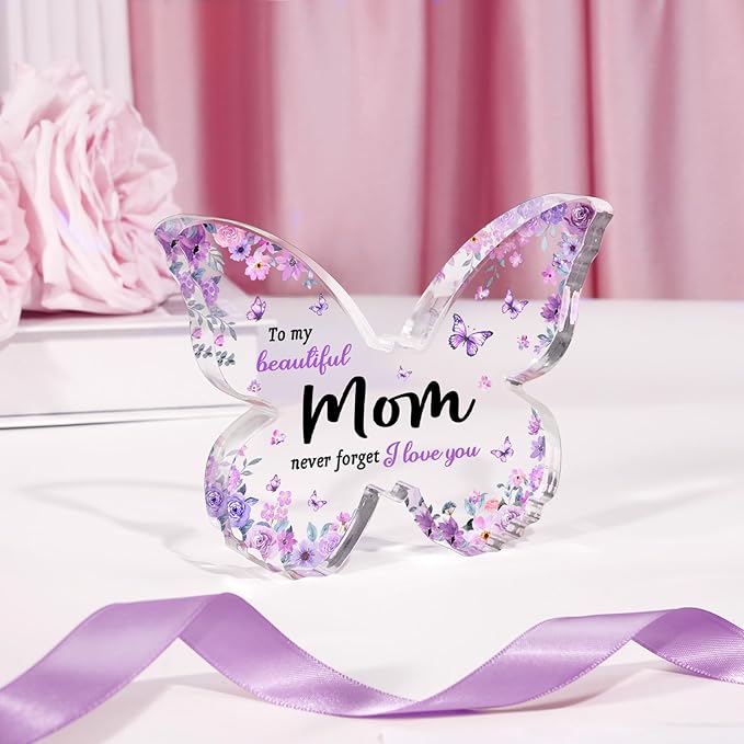 Gifts for Mom, Mom Birthday Gifts, Unique Purple Butterfly Acrylic Plaque Desk Decor, Mothers Day Valentines Christmas Gift for Mother from Daughter Son - 5 x 3.8 x 0.5 inches