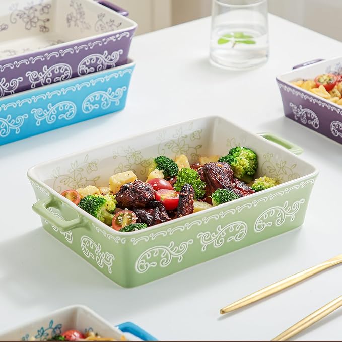 Domini Casserole Dishes for Oven, Ceramic Baking Dishes for Oven Set of 2, Lasagna Pan Deep, Baking Pan Set Square Casserole Dish Set with Handles for Baking, Pattern Green(11.4+8.5inch)