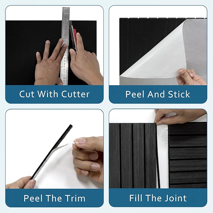 4-Piece Wood Slat Wall Panel for Interior Wall Decor Noise Cancelling 47.2" x 23.6" Peel and Stick Acoustic Decorative 3D Sound Absorbing Wall Paneling, Black Grey