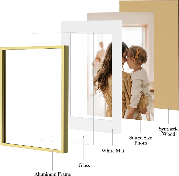 eletecpro Aluminum Gallery Wall Frame Set of 12 with Glass Cover, Gold | Including 2Pcs 11x14, 2Pcs 8x10, 4Pcs 5x7, 4Pcs 4x6 Photo Frames, Multiple Sizes Picture Frames Collage Wall Decor, Tabletop