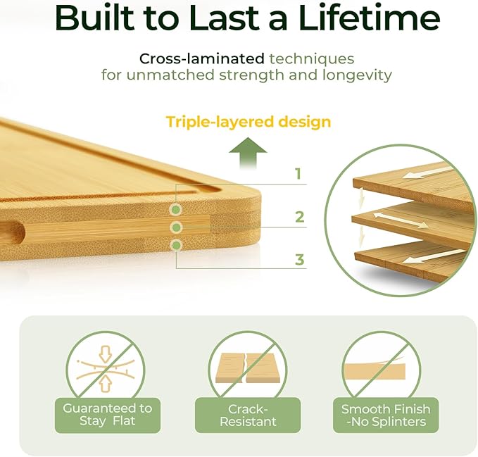 Keechee Chopping Board 2-Pcs Natural Bamboo Cutting Board With Juice Channels & Knife-Friendly Finish For Versatile Kitchen Use, Ideal Charcuterie & Chopping Multi-Use