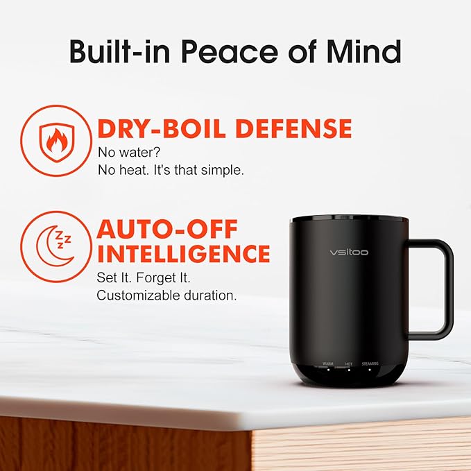 Vsitoo S3 Plus 14oz Self Heating Coffee Mug with Auto-Sensing AI - Smart Rechargeable Heated Mug, Temperature Control 120-150℉, IPX7 Waterproof, Coffee Warmer Gift for Women Men - Black