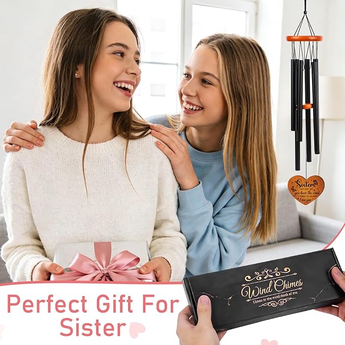Sister Gifts Wind Chimes for Outside - Metal Windchime with Wooden Heart Pendant, Greeting Card & Black Gift Box - Birthday for Sister from Sister, Garden Patio Hanging Decor