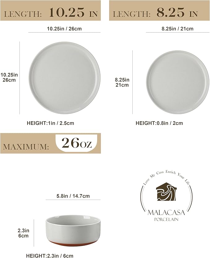 MALACASA Plates and Bowls Sets, 12 Pieces Modern Stoneware Dinnerware Set for 4 Kitchen Dinner Set Ceramic Dishware Dishes Set Microwave and Dishwasher Safe, Grey, Series TARA