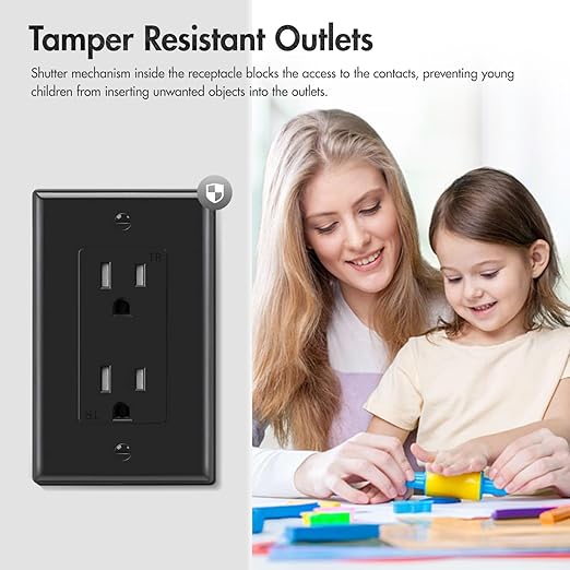 Micmi Decorator Receptacle Outlet, Standard Electrical Wall Tamper Resistant Decorative Receptacle Outlet, 15 Amp 125 Volt, Grounding UL Listed (50Pack, Black, 15 Amp Outlet)
