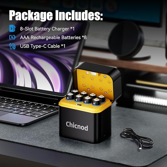 Rechargeable AA Lithium Batteries with Fast USB-C Charger, 8-Pack 4255 mWh 1.5V Constant Voltage for Blink Outdoor Camera, Xbox Controller, Flashlights – 2000+ Cycles (8AAA)