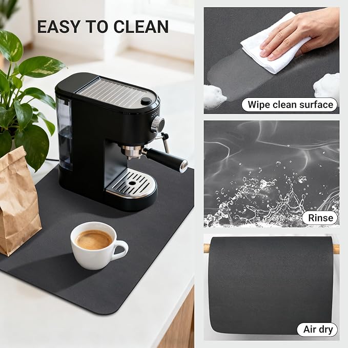 Coffee Mat 19x12 Inch, Black Coffee Machine Mat, Absorbent Hide Stain Rubber Backed Dish Drying Mat for Kitchen Counter, Bar Mats for Countertops, under Coffee Maker Pot Espresso Station