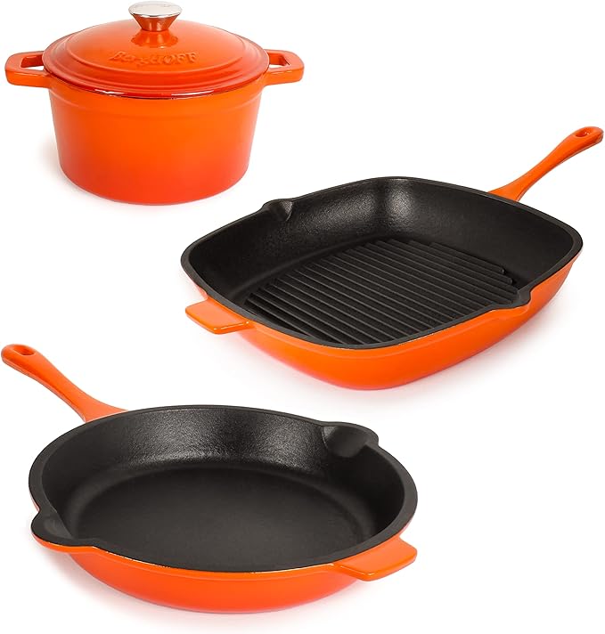 BergHOFF Neo 4Pc Enameled Cast Iron Cookware Set, Grill Pan 11 inches, Fry Pan 10 inches, 3qt. Dutch Oven, Matching Lid, Fast, Evenly Heat, Oven Safe (Orange)