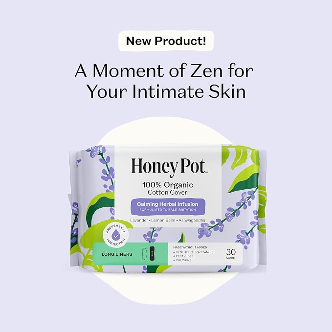 The Honey Pot Company - Calming - Long Panty Liners for Women | 100% Organic Cotton Cover - Calming Herbs of Lavender, Ashwagandha, & Lemon Balm - Feminine Care - 30ct