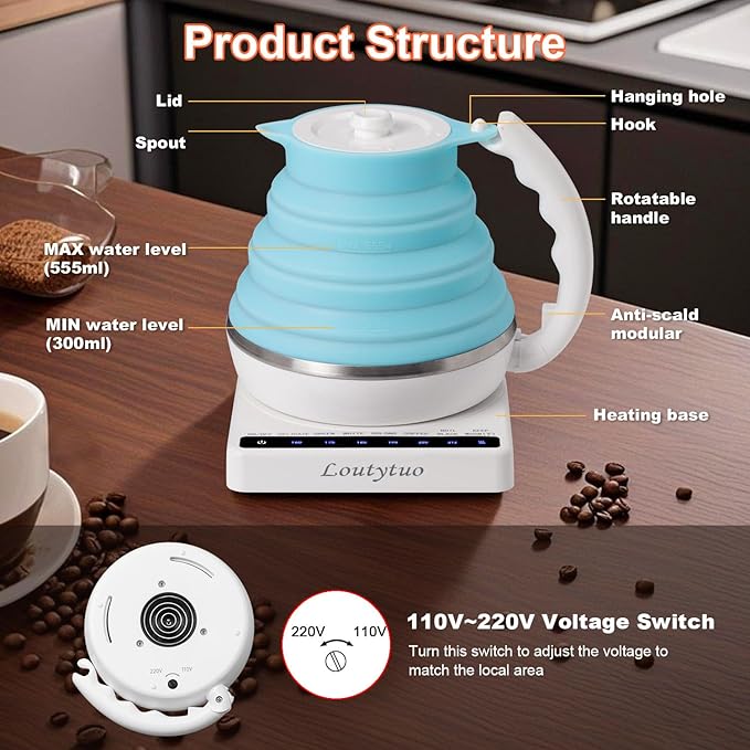 Ultrathin Food Grade Silicone Travel Foldable Electric Kettle Variable Temperature Control with Dual Voltage, Auto Shutoff & Boil Dry Protection & Keep Warm, 555ML 110-220V US Plug (Blue)