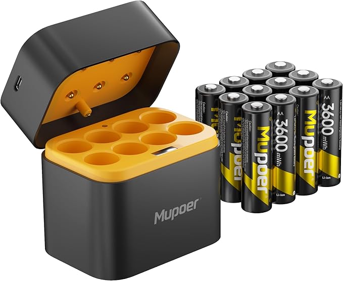 Mupoer Rechargeable AA Lithium Batteries with Charger,3600mWh 12 Pack 1.5V Blink Batteries Lithium AA,Double A Battery Rechargeable,Long Lasting Pilas Recargables Lithium ion AA Battery for Xbox