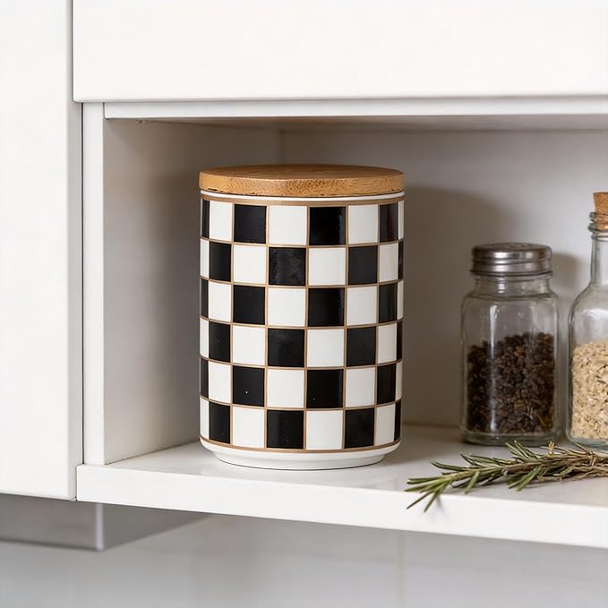 Kitchen Countertop Ceramic Checkered Canisters,Black And White Food Storage Containers With Lid,Airtight Kitchen Canisters for Flour, Sugar, Coffee, Tea, and Dry Goods (Black, Small)