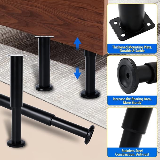 4 Pcs Adjustable Height Bed Support Furniture Legs [with Screws] for Bed Frame,Metal Adjustable 10-17inch for Bed/Sofa/Cabinet/Couch/Dresser/Table -Heavy Bed Replacement Legs (Black)
