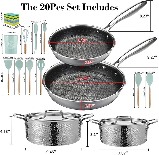 Vivicreate 20 Piece Tri-Ply Stainless Steel Cookware Set, Hammered Pots and Pans with 2 Nonstick Frying Pans and 2 Pots with Lids, 304 Interior, Induction Compatible