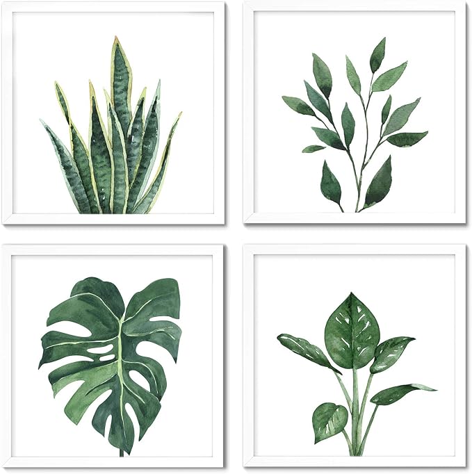 ArtbyHannah Framed Bathroom Wall Art Decor, 10x10 Inch 4 Pack Botanical Gallery Wall Frame Set Modern Farmhouse Sage Green Prints Artwork for Spa, Restroom, Bedroom, Office Decoration (White)