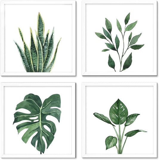 ArtbyHannah Framed Bathroom Wall Art Decor, 10x10 Inch 4 Pack Botanical Gallery Wall Frame Set Modern Farmhouse Sage Green Prints Artwork for Spa, Restroom, Bedroom, Office Decoration (White)