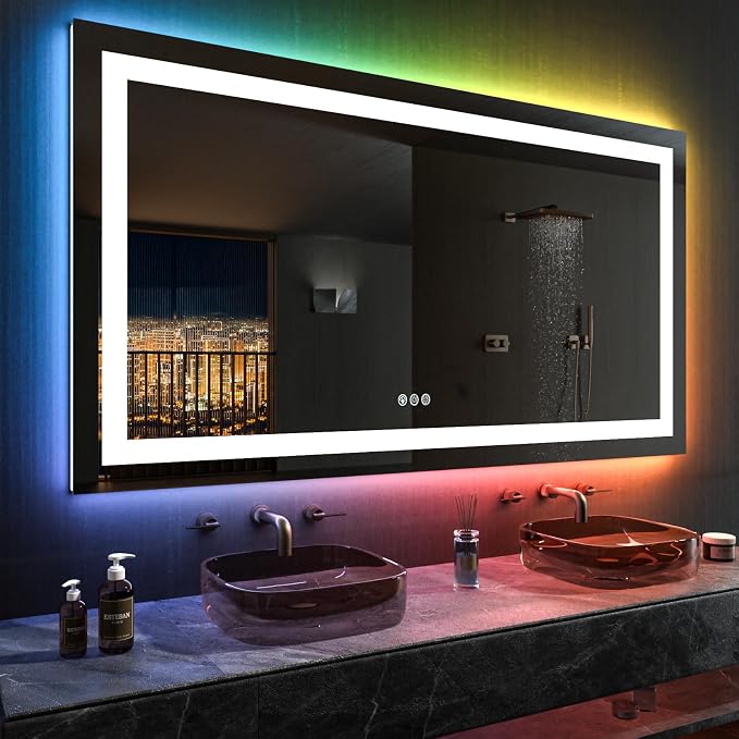 LOAAO 72"X40" RGB LED Bathroom Mirror with Lights, Anti-Fog, Dimmable, Lighted Bathroom Vanity Mirror, Multiple Light Modes, RGB Backlit + Front Light, Memory Function, Tempered Glass, ETL Listed