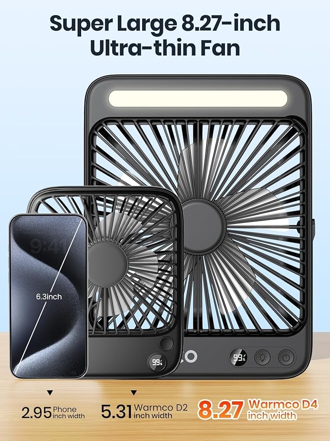 Warmco 20000mAh Battery Powered Fan, Ultra-Slim 8-Inch Portable Camping Fan with LED Lantern, Up to 48H Runtime Rechargeable Desk Fan for Bedroom, Outdoor, Tent, Travel, Cruise Ship Essentials