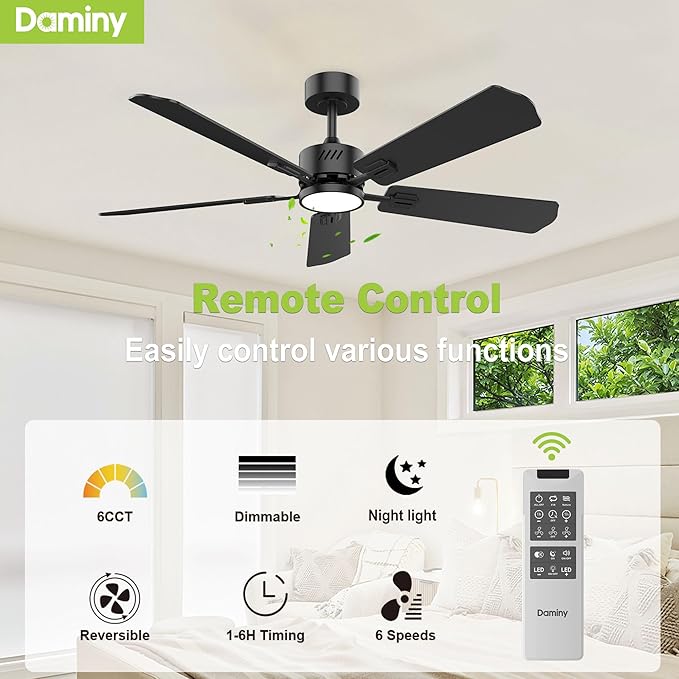DAMINY 52 inch Ceiling Fan with Light,6CCT,5 Blade,Low Profile Ceiling Fan with Light and Remote Control,Downrods,Black,Living Room,Indoor/Outdoor Use