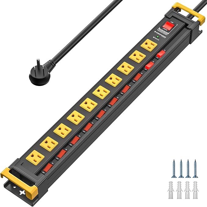 10 Outlet Heavy Duty Metal Power Strip with Individual Switches,3300J Surge Protector,1.7 Inch Wide Spacing for Large Adapters,6Ft Cord Managment for School,Garage,Workbench,ETL Listed(15A/1875W)